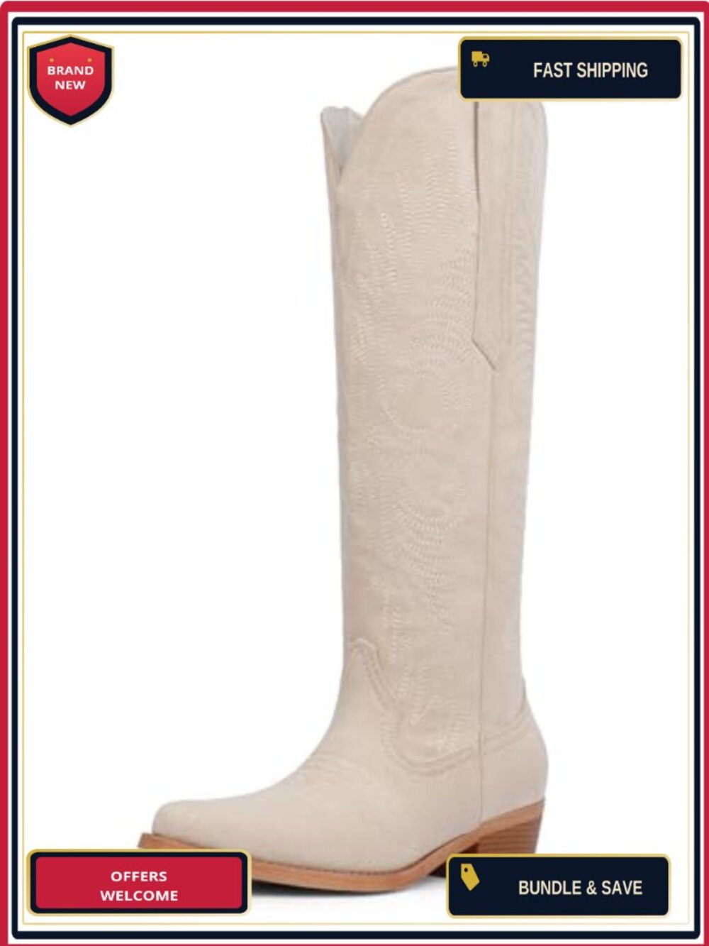 Knee High Cowboy Boots for Women Embroidered Western Boots Block Chunky Heel